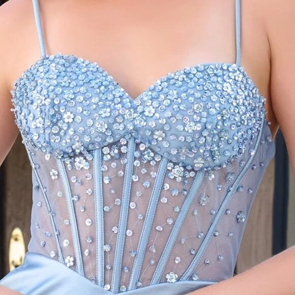 New Satin Sheath Evening Dusty Blue Gown w/Beaded Bodice & Gathered Waist GL3677 - Picture 6 of 14